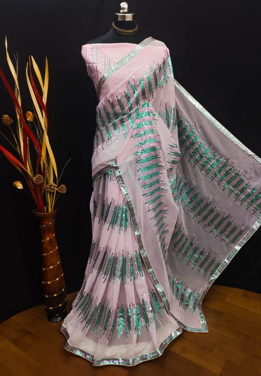 Pink Georgette Saree with Sequence Work and Sequence Lace