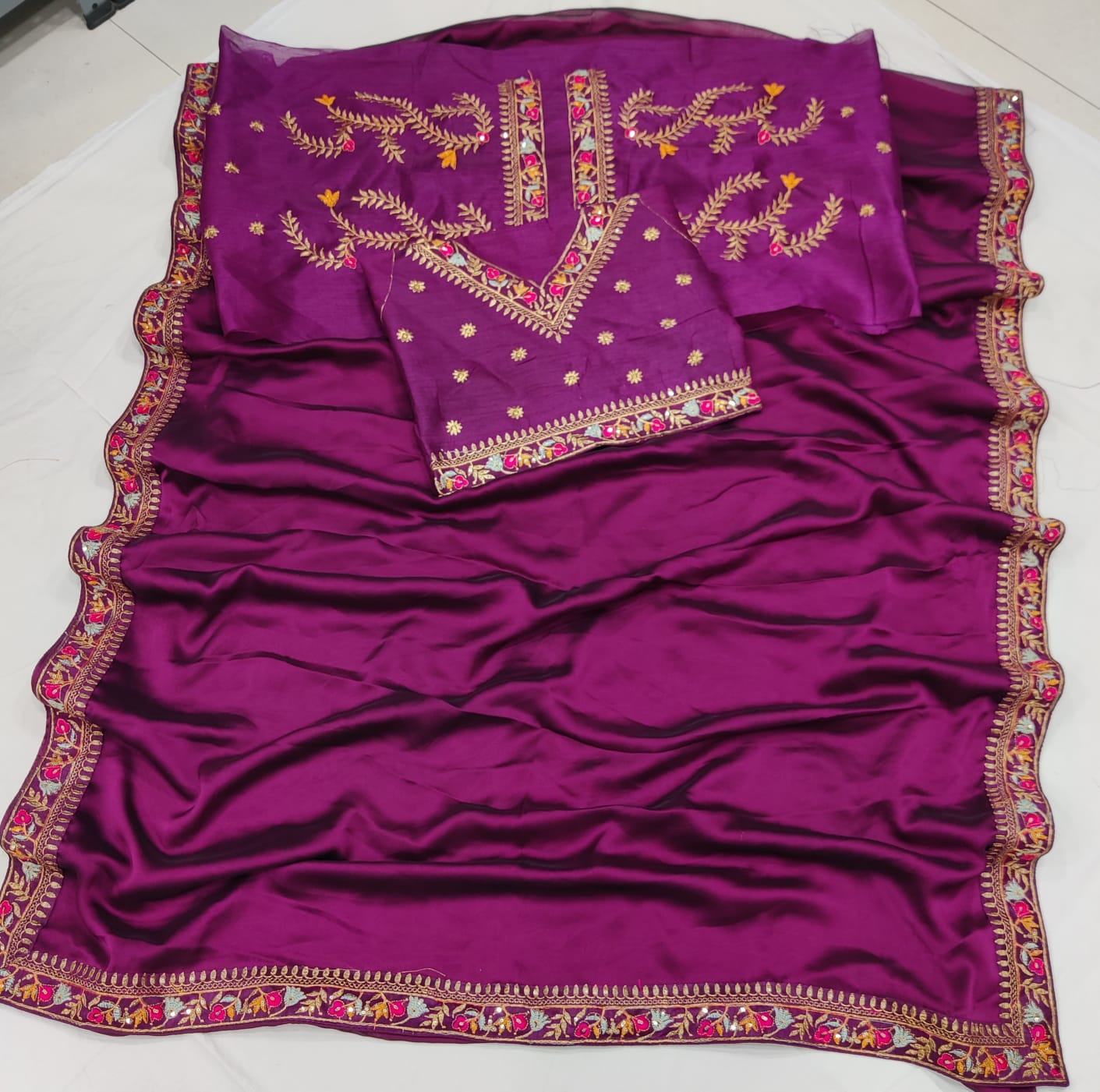 Dark Pink Rangoli Silk Saree with Embroidery Work and Lace