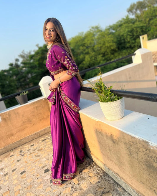 Dark Pink Rangoli Silk Saree with Embroidery Work and Lace
