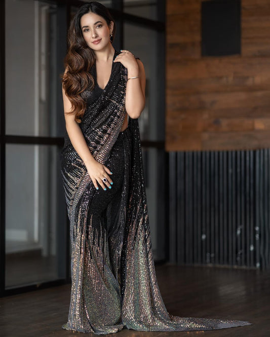 Black Premium Georgette Saree with All Over Sequins and Piping Lace
