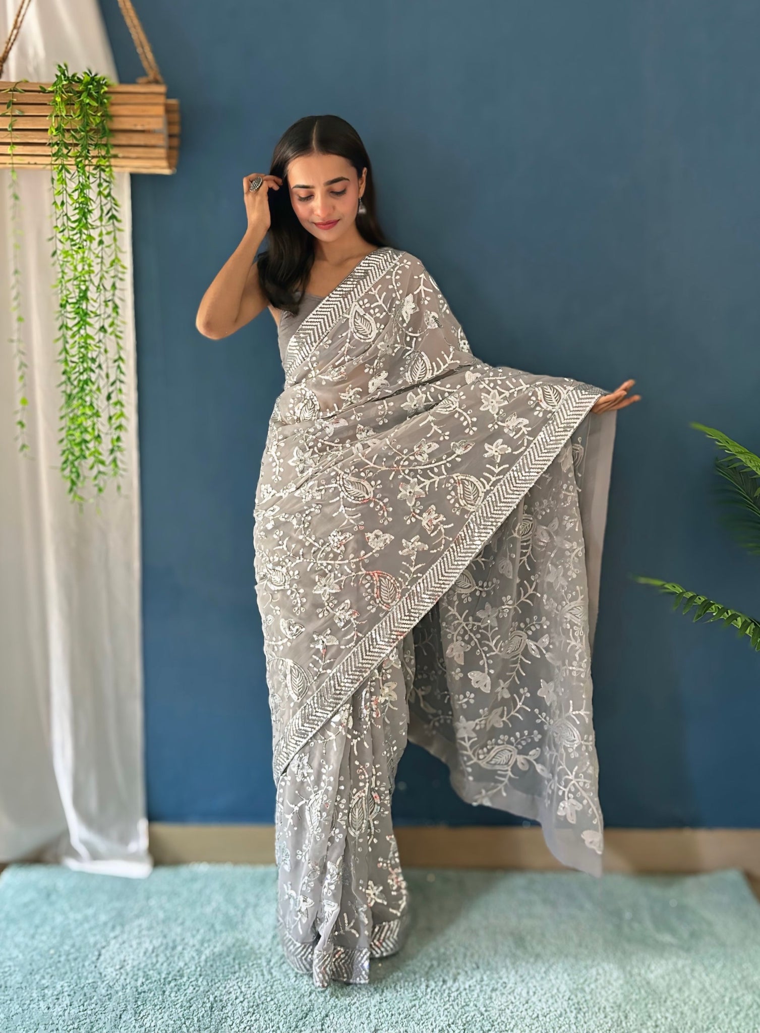 Gray Georgette Saree with Embroidery Sequence and Lace – Available