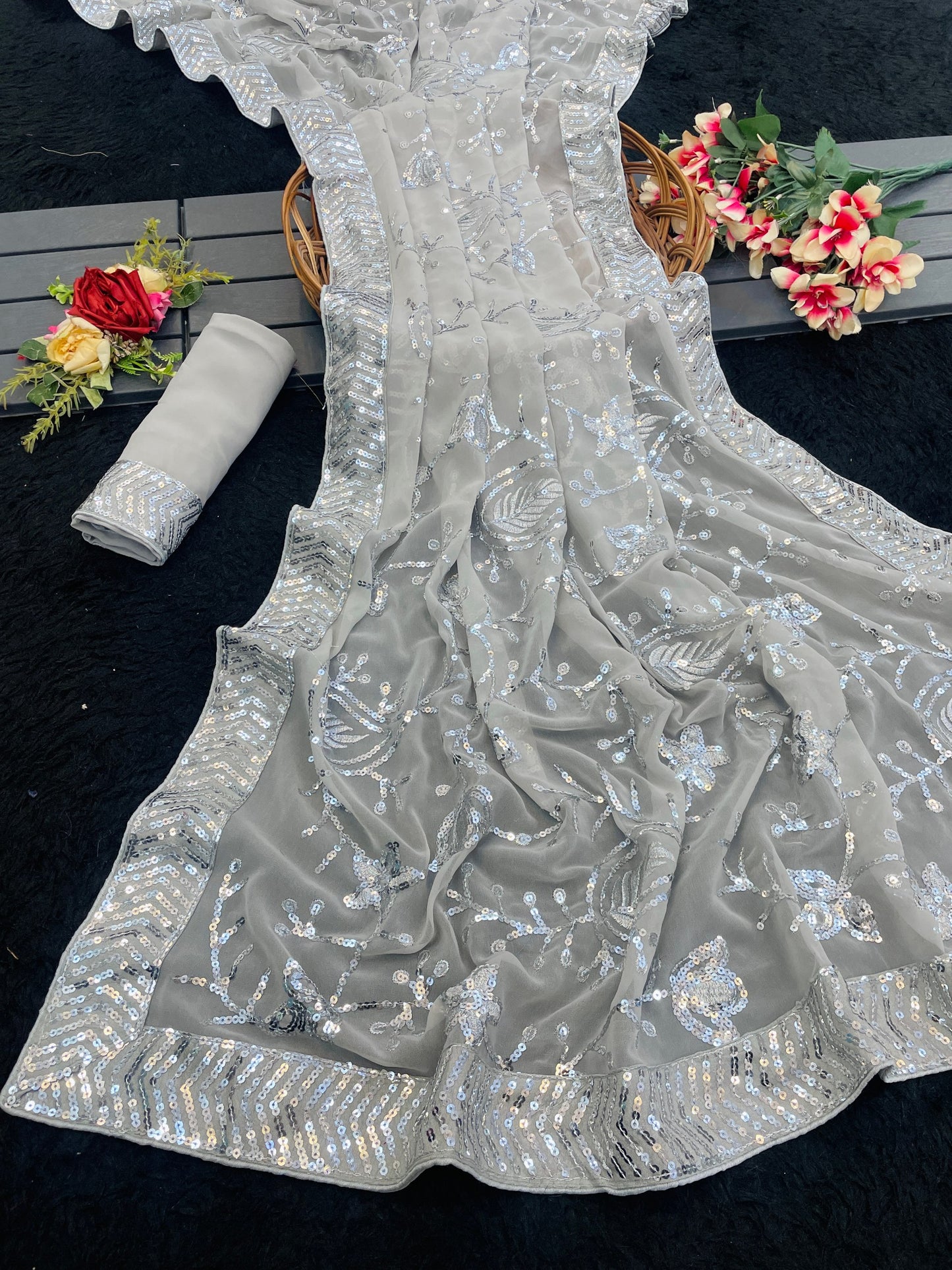 Gray Georgette Saree with Embroidery Sequence Work and Sequence Lace