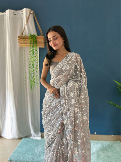 Gray Georgette Saree with Embroidery Sequence Work and Sequence Lace