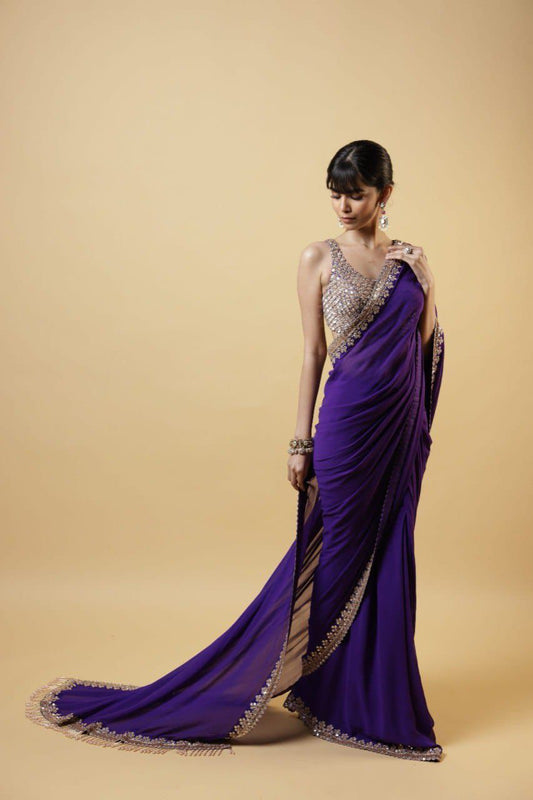 Violet Georgette Saree with Embroidery Cutwork Lace