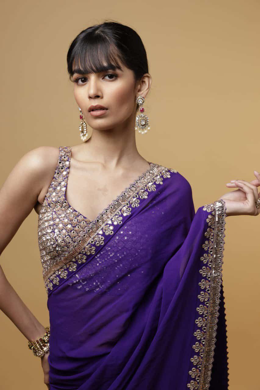 Violet Georgette Saree with Embroidery Cutwork Lace