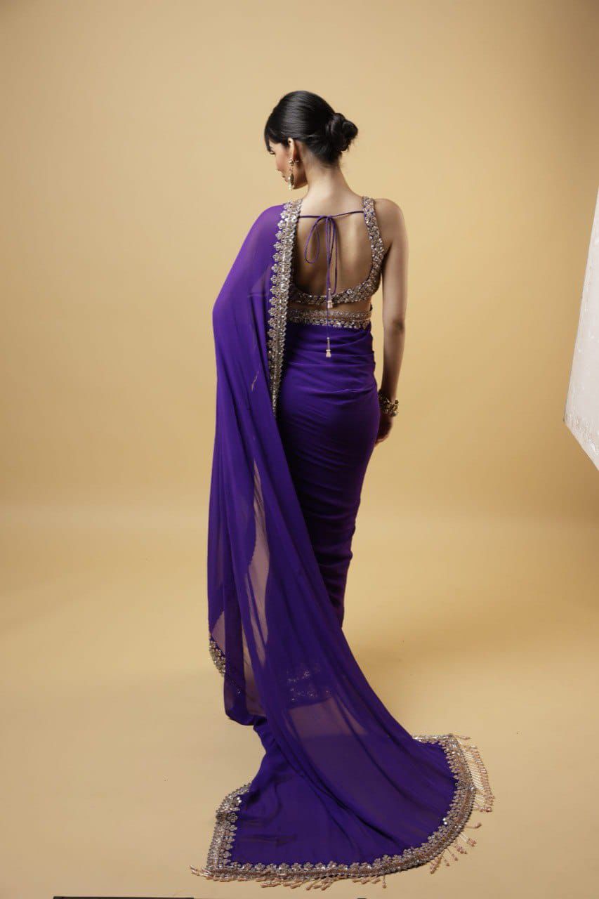 Violet Georgette Saree with Embroidery Cutwork Lace