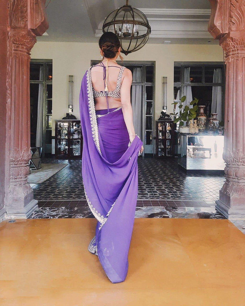 Violet Georgette Saree with Embroidery Cutwork Lace