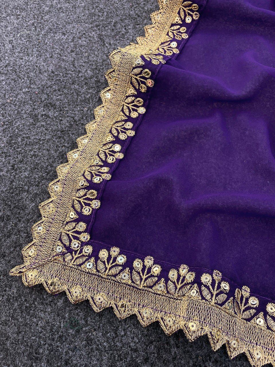 Violet Georgette Saree with Embroidery Cutwork Lace