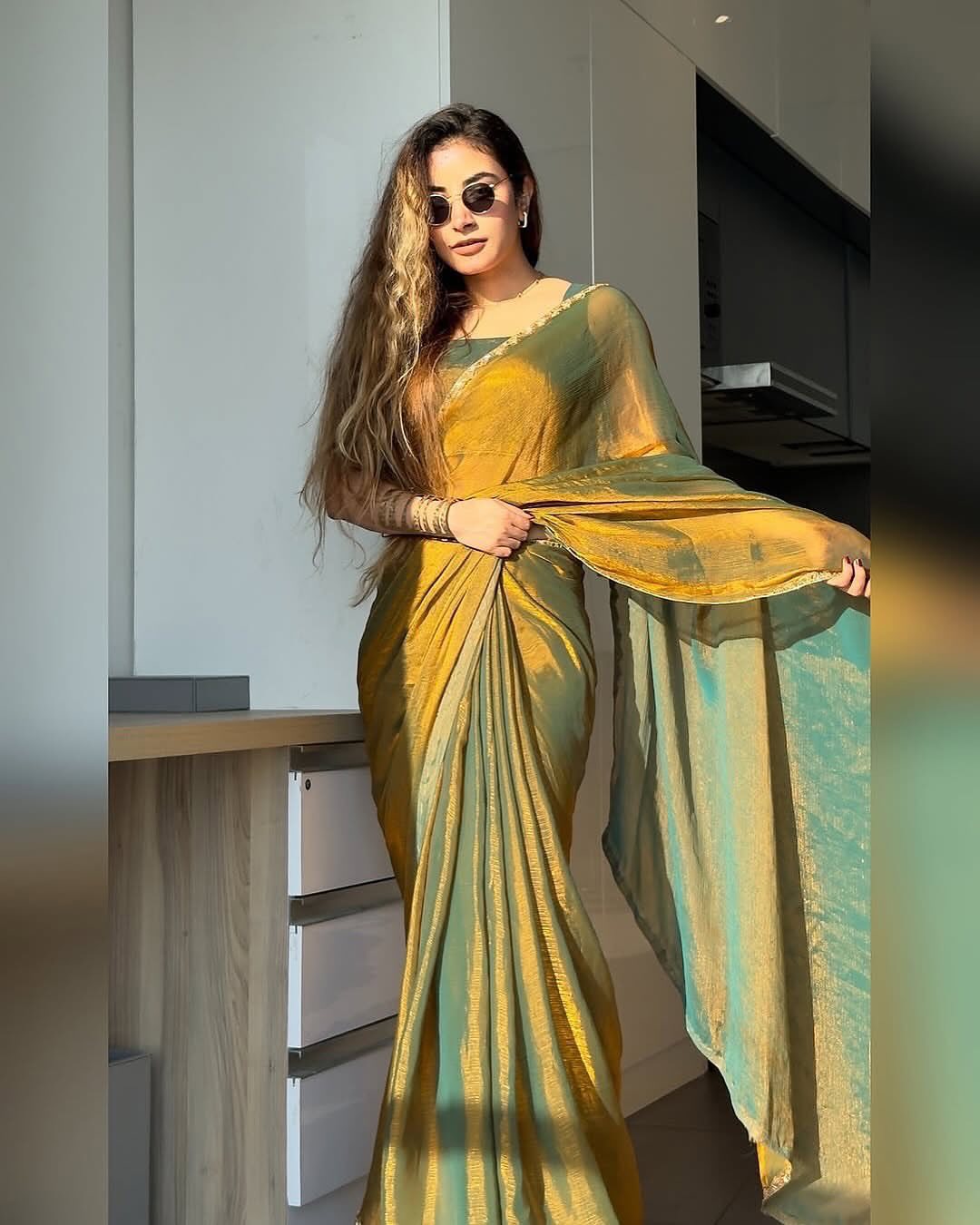 Mehendi Green Frandy Crush Saree with Katdana Moti Lace Border