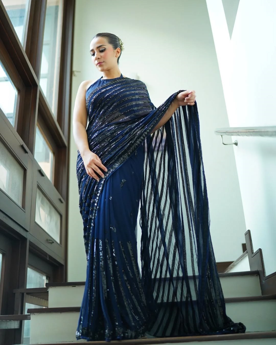 Dark Blue Georgette Saree with Sequence Lace and Piping – Available