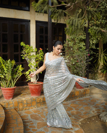 Silver Georgette Saree with Dual Sequence Embroidery and Piping – Available