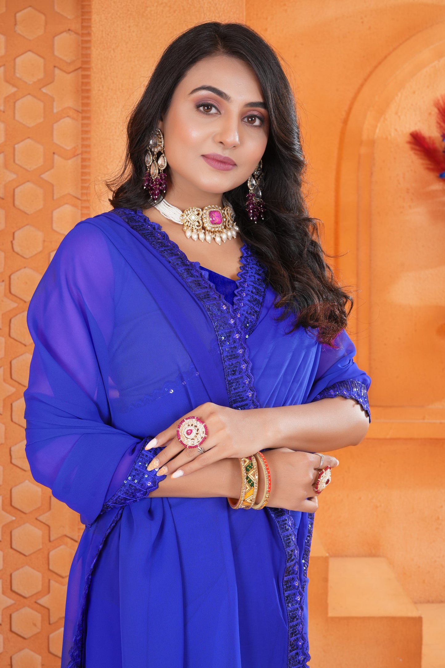Blue Georgette Saree with Embroidery Dual Sequence Lace and Cutwork
