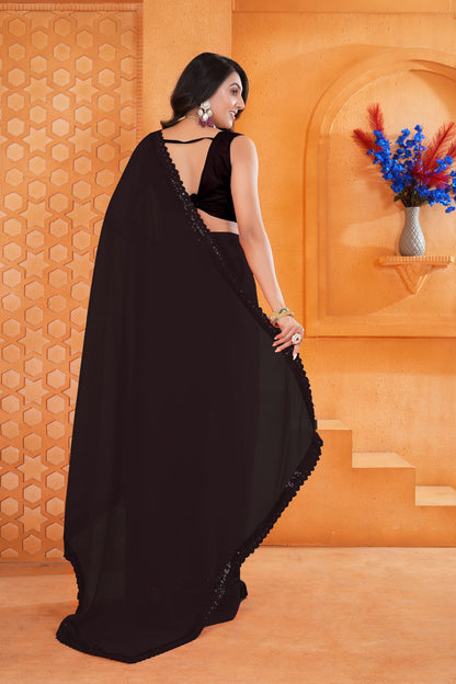 Black Georgette Saree with Embroidery Dual Sequence Lace and Cutwork