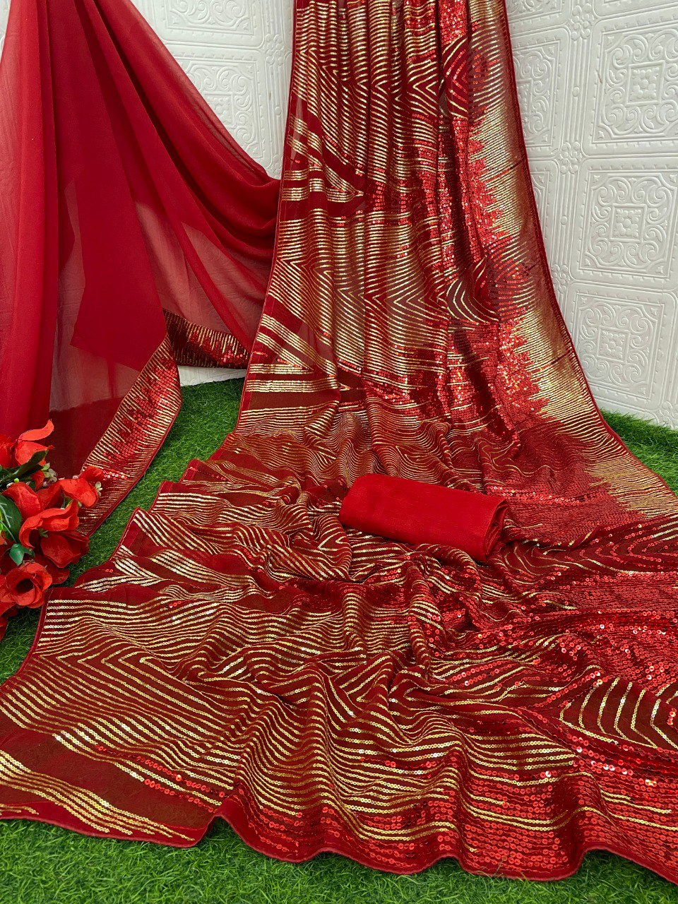 Red Georgette Saree with Embroidery Sequence Work – Available