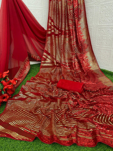Red Georgette Saree with Embroidery Sequence Work – Available