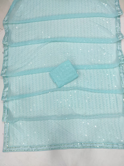 Sky Blue Georgette Saree with Embroidery Sequins and Sequence Lace