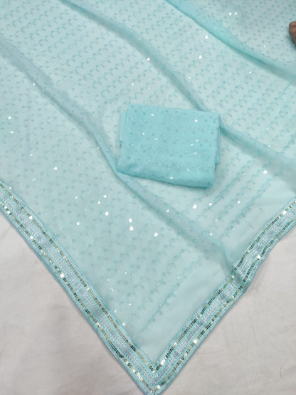 Sky Blue Georgette Saree with Embroidery Sequins and Sequence Lace
