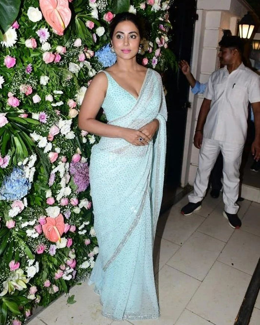 Sky Blue Georgette Saree with Embroidery Sequins and Sequence Lace