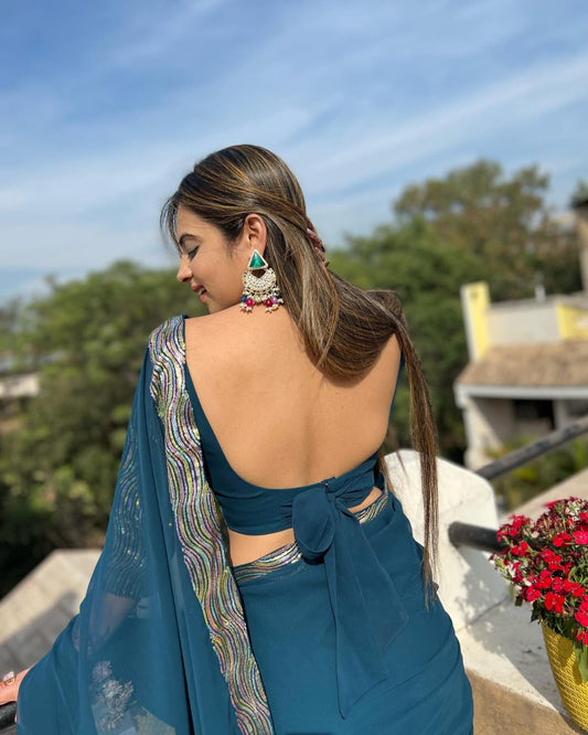 Petrol Georgette Saree with Shiny Sequence Lace and Piping Border – Available