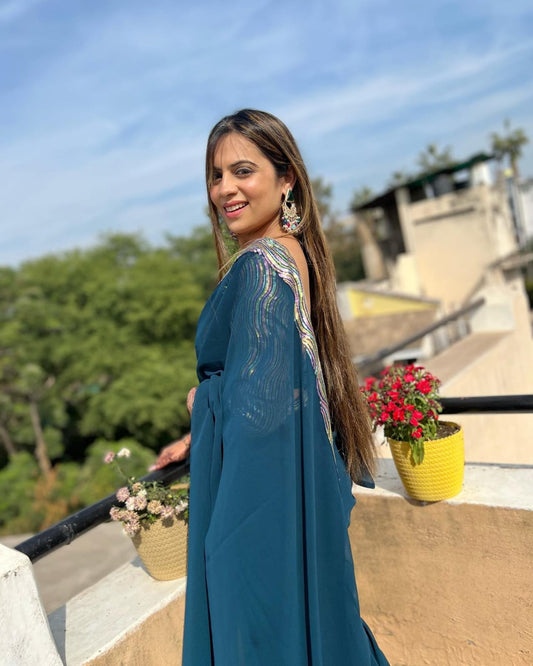 Petrol Georgette Saree with Sequence Lace and Piping