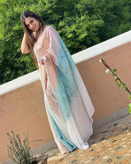 Sky Blue Soft Georgette Saree with Shaded Sequins Work